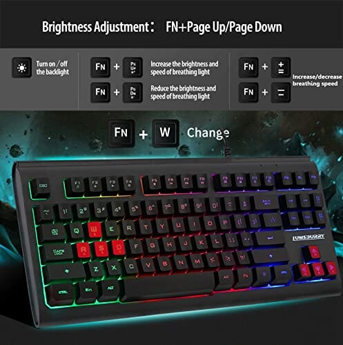 لوحة مفاتيح ألعاب بإضاءة خلفية 87 مفتاحًا Lumsburry Rainbow LED Backlit 87 Keys Gaming Keyboard, Compact Keyboard with 12 Multimedia Shortcut Keys USB Wired Keyboard for PC Gamers Office