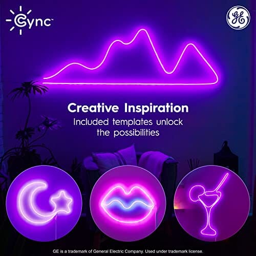 مصباح ذكي GE CYNC Dynamic Effects Smart LED Neon Shape Light, Full Color, 2.4GHz Wi-Fi, Compatible with Alexa and Google Home, 16 Foot