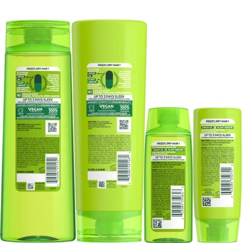 مجموعة شامبو + بلسم للشعر المجعد والجاف + زيت الأرغان  Garnier Fructis Sleek & Shine Full + Travel Size Shampoo (12.5 & 3 Fl Oz) + Conditioner (12 & 3 Fl Oz) Set for Frizzy, Dry Hair, Plant Keratin + Argan Oil (4 Items), 1 Kit (Packaging May Vary)