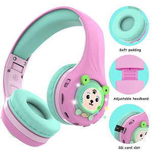 سماعات رأس للأطفال الصغار للمدرسة مع ميكروفون Riwbox Kids Bluetooth Headphones, Baosilon FB-7S Frog Kids Toddler Headphones for School with Mic, 75/85/95dB Volume Limited Light Up Wireless Headphones Over Ear for Girls (Pink&Green)