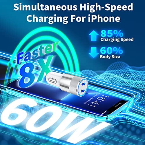 شاحن سيارة [Apple MFi Certified] iPhone Car Charger, KYOHAYA 60W Dual PD USB-C Power PPS Super Fast Car Charger with 2 Pack Type C to Lightning Quick Charging Cable for iPhone 14/13/12/11/XS/XR/X/SE/iPad/AirPods