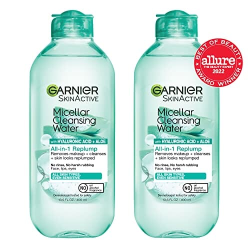 ماء ميسيلار مع حمض الهيالورونيك Garnier SkinActive Micellar Water with Hyaluronic Acid, Facial Cleanser & Makeup Remover, 13.5 Fl Oz (400mL), 2 Count (Packaging May Vary)