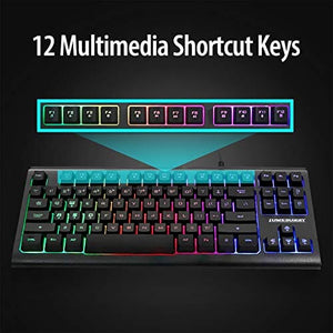 لوحة مفاتيح ألعاب بإضاءة خلفية 87 مفتاحًا Lumsburry Rainbow LED Backlit 87 Keys Gaming Keyboard, Compact Keyboard with 12 Multimedia Shortcut Keys USB Wired Keyboard for PC Gamers Office