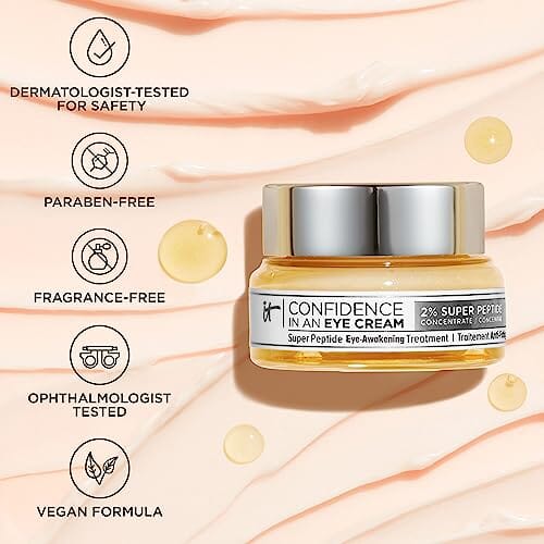 كريم العين المضاد للشيخوخة للهالات السوداء  IT Cosmetics Confidence in an Eye Cream, Anti Aging Eye Cream for Dark Circles, Crow's Feet, Lack of Firmness & Dryness, 48HR Hydration with 2% Super Peptide Concentrate, for Day + Night (1 Fl. Oz)