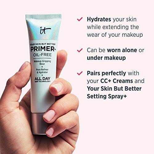 مستحضرات التجميل بشرتك ولكن أفضل IT Cosmetics Your Skin But Better Makeup Primer+ - Extends Makeup Wear, Hydrates Skin, Refines the Look of Pores - With Glycerin, Bark Extract & Ginger Root Extract - Oil-Free Formula - 1 fl oz