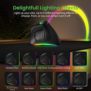 ماوس مريح عمودي لاسلكي قابل لإعادة الشحن IFYOO 2.4G and BT 5.1 Dual Mode RGB Rechargeable Wireless Vertical Ergonomic Mouse, 5 Side Buttons, Max 4000 DPI, for PC Computer Notebook Laptop, for Windows 11 10, Mac iPad OS, Android - Black