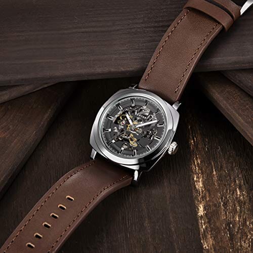 ساعات بينيار الاتوماتيكية للرجال Benyar Automatic Watches for Men | Skeleton Mechanical Leather Strap Mens Watch | 45mm Dial | 30M Waterproof | Men's Stylish Gift