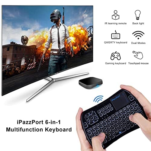 لوحة مفاتيح صغيرة بإضاءة خلفية بتقنية البلوتوث iPazzPort Backlit Mini Keyboard Bluetooth touchpad, Mini 2.4Ghz Keyboard Rechargeable, IR Learning Remote Keyboard for Google/Android TV Box, Raspberry Pi, Smart TV KP-61SM