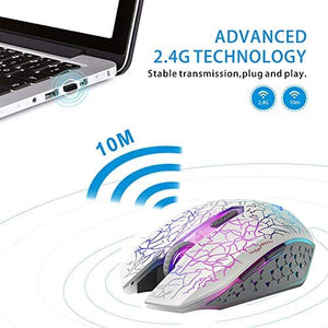 ماوس ألعاب لاسلكي بصري قابل لإعادة الشحن TENMOS M2 Wireless Gaming Mouse, Silent Rechargeable Optical USB Computer Mice Wireless with 7 Color LED Light, Ergonomic Design, 3 Adjustable DPI Compatible with Laptop/PC/Notebook, 6 Buttons (White)