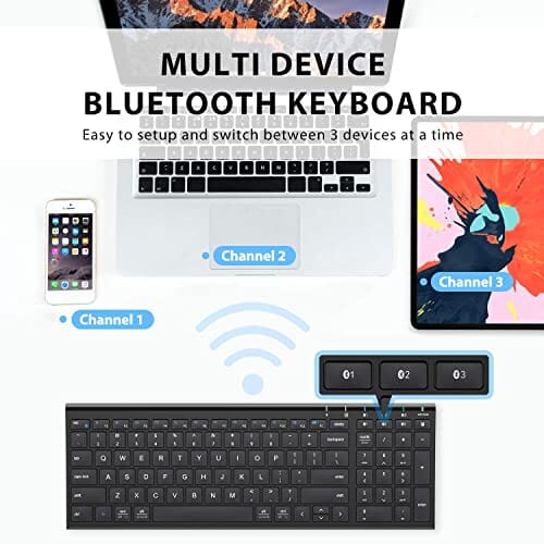 لوحة مفاتيح بلوتوث لاسلكية قابلة لإعادة الشحن iClever BK10 Bluetooth Keyboard, Wireless Bluetooth Keyboard, Rechargeable Bluetooth 5.1 Multi Device Keyboard with Number Pad Full Size Stable Connection for Mac, Windows, iOS, Android, Laptop