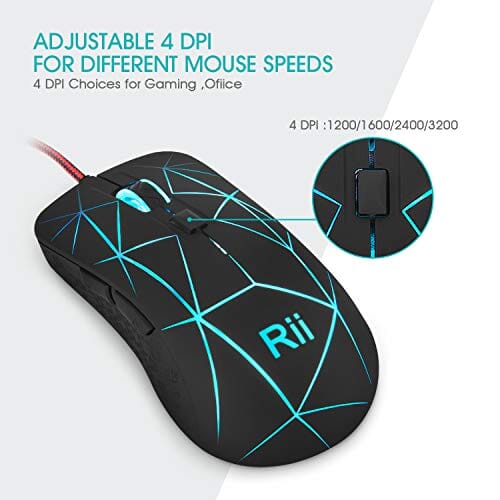 ماوس العاب سلكي Rii RM106 RGB Gaming Mouse Wired,USB Optical Computer Mice with 6 Programmable Buttons,3200 DPI Adju