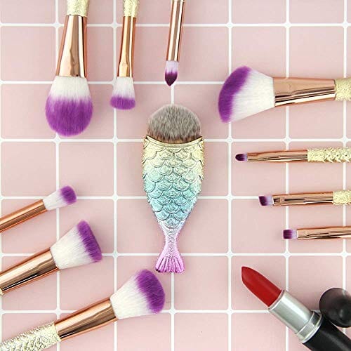 فرش مكياج حورية البحر 11 قطعة احترافي مزج أحمر خدود كونسيلر Mermaid Makeup Brushes, 11pcs Professional Blending Blush Concealer Synthetic Fiber Bristles Brush Special Cosmetic Brushes Kits for Women(purple)