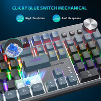لوحة مفاتيح ميكانيكية للألعاب 104 مفتاح Mechanical Gaming Keyboard, 104 Keys Full Size Rainbow Backlit Keyboard with Blue Switch, Full Anti-Ghosting, Multimedia Knob & Keys, Light Up Wired Computer Keyboard for PC Laptop Gamer, Black&Gray
