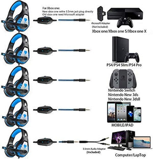 سماعة رأس ستيريو للألعاب لنينتندو سويتش DIWUER Stereo Gaming Headset for Nintendo Switch, PS4, Xbox One with Noise Cancelling Mic, Soft Earmuffs Surround Sound Over Ear Headphones with LED Light for PC, Mac, Laptop (Blue)