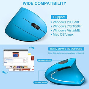 ماوس لاسلكي قابل لإعادة الشحن Vassink Ergonomic Mouse, Rechargeable Wireless Mouse, 2.4GHz Rechargeable Vertical Optical Mouse with USB Receiver, 6 Buttons, 800/1200/1600 DPI, for Laptop, PC, Computer (Blue)