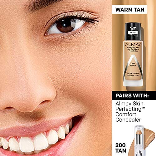 كريم أساس غير لامع سكين بيرفكتينج كومفورت من ألماي Almay Skin Perfecting Comfort Matte Foundation, Hypoallergenic, Cruelty Free, Fragrance-Free, Dermatologist Tested Liquid Makeup, Warm Tan, 1 Fluid Ounce (Pack of 3)