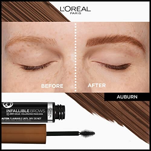 ماسكارا للحواجب من لوريال باريس إنفاليبل تكثيف لمدة 24 ساعة L'Oreal Paris Infallible Volumizing 24H Wear Brow Mascara, Long Lasting Eyebrow Makeup for 2X Fuller Eyebrows, 6R Auburn, 0.13 Fl Oz