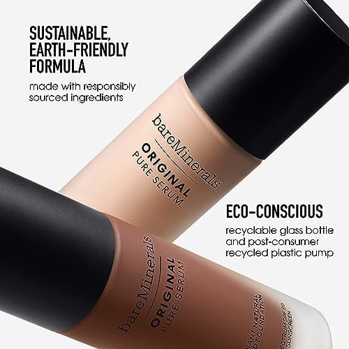 كريم أساس سائل طبيعي مشع ومصل نقي من بار مينيرالز بمعامل حماية من الشمس bareMinerals Original Pure Serum Radiant Natural Liquid Foundation SPF 20, Vegan