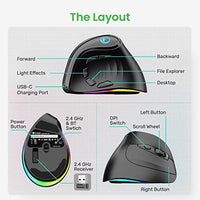 ماوس مريح عمودي لاسلكي قابل لإعادة الشحن IFYOO 2.4G and BT 5.1 Dual Mode RGB Rechargeable Wireless Vertical Ergonomic Mouse, 5 Side Buttons, Max 4000 DPI, for PC Computer Notebook Laptop, for Windows 11 10, Mac iPad OS, Android - Black