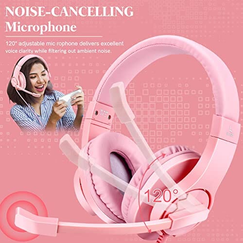 سماعة الألعاب المحيطة وإلغاء الضوضاء DIWUER Gaming Headset for Xbox One, PS4, Nintendo Switch, Bass Surround and Noise Cancelling 3.5mm Over Ear Headphones with Mic for Laptop PC Smartphones, Pink