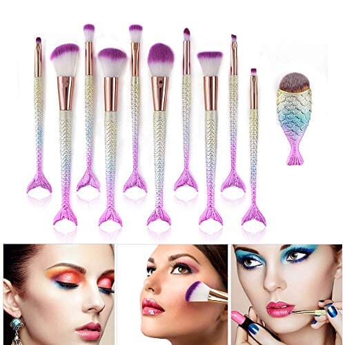 فرش مكياج حورية البحر 11 قطعة احترافي مزج أحمر خدود كونسيلر Mermaid Makeup Brushes, 11pcs Professional Blending Blush Concealer Synthetic Fiber Bristles Brush Special Cosmetic Brushes Kits for Women(purple)