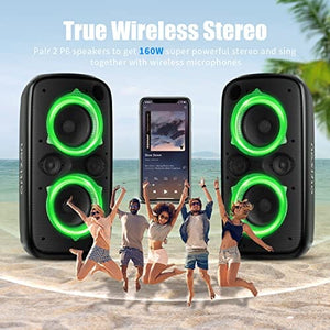 مكبر صوت قوي للحفلات بتقنية البلوتوث Ortizan 80W Powerful Portable Bluetooth Party Speaker, Extra Deep Bass, Loud 105dB Sound IPX4 Outdoor Wireless Bluetooth Speakers with Dynamic Light Show, Wireless Microphone, 24H Playtime(Black)