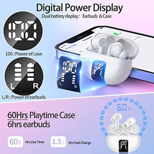 سماعات أذن لاسلكية بتقنية البلوتوث مع ميكروفون  Wireless Earbuds Bluetooth Earbuds 60H Playtime LED Power Display Charging Case Bluetooth 5.3 Headphone with Noise Cancellation Mic, Stereo Sound, IPX5 Ear Buds for iPhone/Samsung/Android/iOS,White