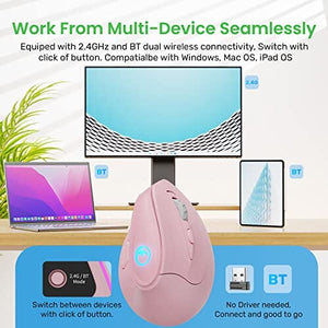 ماوس مريح عمودي لاسلكي قابل لإعادة الشحن IFYOO 2.4G and BT 5.1 Dual Mode RGB Rechargeable Wireless Vertical Ergonomic Mouse, 5 Side Buttons, Max 4000 DPI, for PC Computer Notebook Laptop, for Windows 11 10, Mac iPad OS, Android - Pink