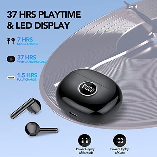 سماعات بلوتوث مع حقيبة شحن  CASCHO Bluetooth Headphones 5.3, 37H with LED Charging Case, CVC8.0 Clear Call, Wireless Earbuds Built-in 4 Micrs, Deep Bass, USB-C, IPX7 Waterproof, Headphones for Sports and Work.