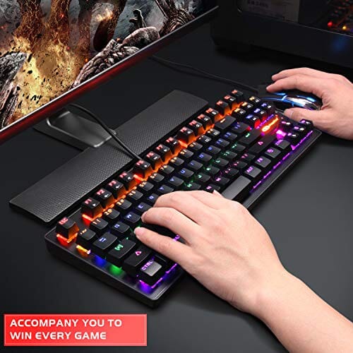 لوحة مفاتيح ميكانيكية 87 مفتاحًا صغيرة مدمجة  Mechanical Keyboard 87 Keys Small Compact Multicolour LED Backlit - MK1 Wired USB Gaming Keyboard with Blue Switches, 100% Anti-Ghosting, Metal Construction, Water Resistant for Windows PC Laptop Game