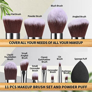 مجموعة فراشي مكياج 11 قطعة من مجموعة فرش كابوكي الاصطناعية من البامبو BS-MALL Makeup Brush Set 11Pcs Bamboo Synthetic Kabuki Brush Set Foundation Powder Blending Concealer Eye shadows Blush Cosmetics Brushes with Organizer Bag & Makeup Sponge