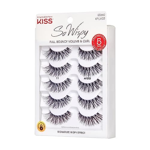 رموش متعددة رقم 11 KISS So Wispy False Eyelashes Multipack #11, Full Bouncy Volume & Curl, Signature Wispy Effect, Quality Synthetic, Crisscross Pattern, Cruelty Free, Reusable and contact lens friendly, 5 Pairs