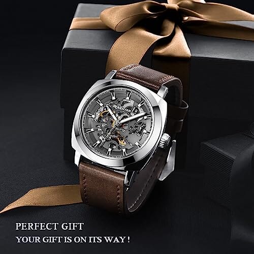ساعات بينيار الاتوماتيكية للرجال Benyar Automatic Watches for Men | Skeleton Mechanical Leather Strap Mens Watch | 45mm Dial | 30M Waterproof | Men's Stylish Gift
