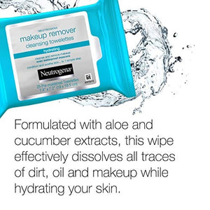 مناديل نيوتروجينا المرطبة والمزيلة لمكياج الوجه Neutrogena Hydrating Makeup Remover Face Wipes, Pre-Moistening Facial Cleansing Towelettes to Condition Skin & Remove Dirt, Oil, Makeup & Waterproof Mascara, Alcohol-Free, Value Pack 25 ct