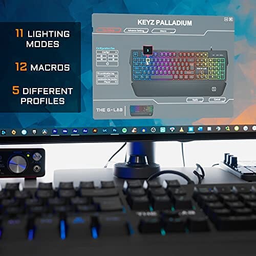 لوحة مفاتيح ألعاب بإضاءة خلفية متعددة الألوان G-LAB Keyz Palladium Wired USB QWERTY Gaming Keyboard - Multicolor RGB LED Backlit Gaming Keyboard, Magnetic Wrist Rest, 26 Anti-ghosting Keys, Durable - PC and Consoles PS5 (Black)