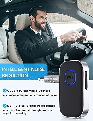 جهاز استقبال بلوتوث 5.0 للسيارة COMSOON Bluetooth 5.0 Receiver for Car, Noise Cancelling Bluetooth AUX Adapter, Bluetooth Music Receiver for Home Stereo/Wired Headphones/Hands-Free Call, 16H Battery Life - Black+Silver