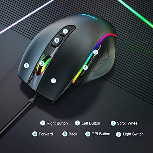 ماوس ألعاب سلكي TECKNET Wired Gaming Mouse, RGB Mouse [Breathing RGB LED], Gaming Mouse USB [Plug Play], 7 Programmable Buttons, High-Precision Adjustable 6 DPI, Ergonomic Mouse Wired for Windows/PC/Mac/Laptop Gamer