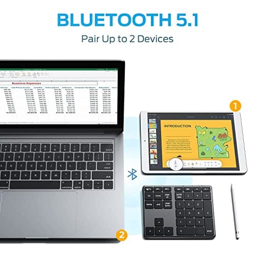 لوحة أرقام لاسلكية متعددة الأجهزة قابلة لإعادة الشحن iClever Bluetooth Number Pad, Multi-Devices Wireless Number Pad, USB-C Rechargeable, External 34-Keys Numpad for Data Entry, Compatible for Laptop, Mac, iMac, Notebook, PC Desktop