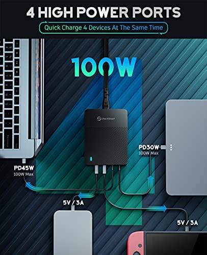 شاحن ، 100 وات 4 منافذ سطح المكتب من النوع C USB C Charger, UtechSmart 100W 4-Port Desktop Type C Charging Station, Portable USB C PD Power Charger Adapter -2 USB C&2 QC 3.0 USB A Ports for MacBook Pro/Air, iPad, iPhone, Galaxy, Laptop and More