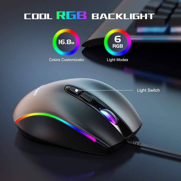 ماوس العاب سلكي تيكنت TECKNET Wired Gaming Mouse, RGB Mouse [Breathing RGB LED], Gaming Mouse USB [Plug Play], 7 Programmable Buttons, High-Precision Adjustable 6 DPI, Ergonomic Mouse Wired for Windows/PC/Mac/Laptop Gamer