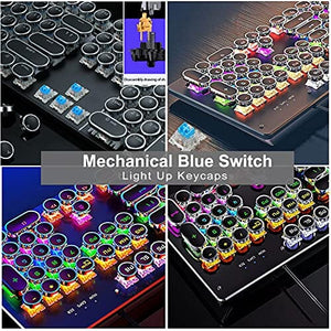 لوحة مفاتيح ميكانيكية مع إضاءة خلفية Typewriter Style Mechanical Light Up Keyboard with LED Backlit, Retro Gaming Keyboard with 104-Key Round Keycaps Blue Switch, Steampunk Keyboard with Wired USB for Mac, PC