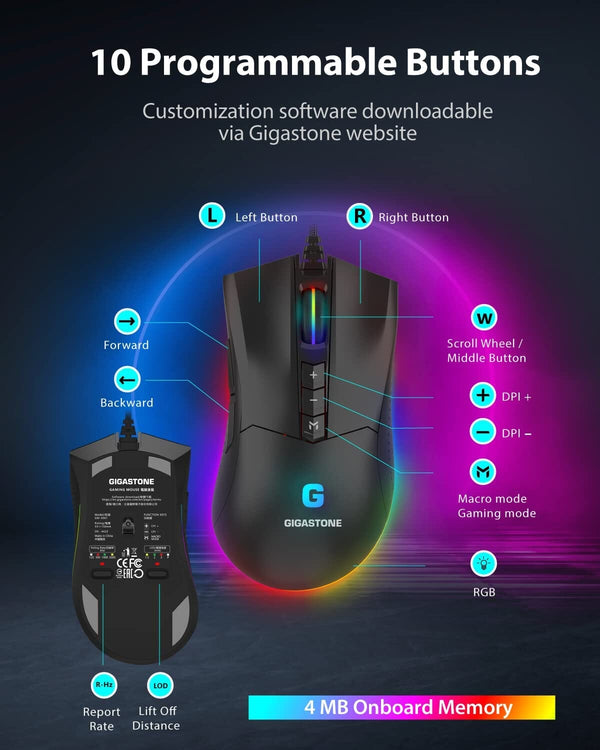 ماوس العاب جيجاستون Gigastone Gaming Mouse with 16000 DPI Adjustable, RGB Backlight, Optical Sensor, 10 Programmable Buttons, RGB Gaming Mouse with 4MB Onboard Memory, Wired Gaming Mouse for Windows 7 and Up