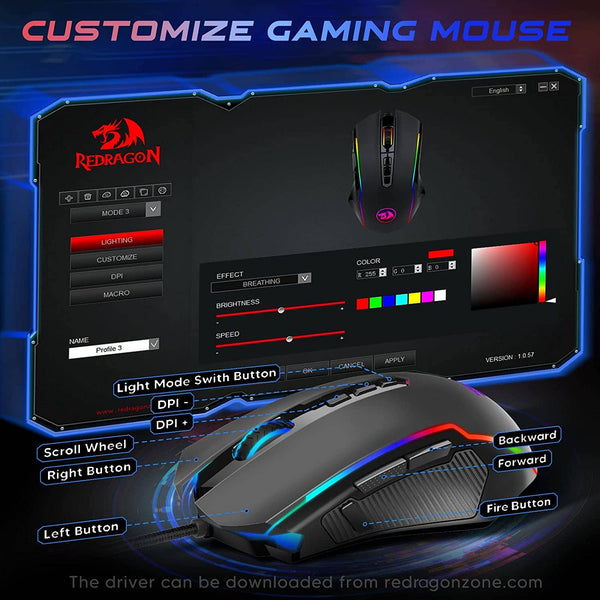 ماوس الألعاب ريدراكون Redragon Gaming Mouse, Wired Gaming Mouse with RGB Backlit, 8000 DPI Adjustable, PC Gaming Mice with 9 Programmable Macro Buttons & Fire Button, PC Gaming Mouse for Windows/Mac, Black