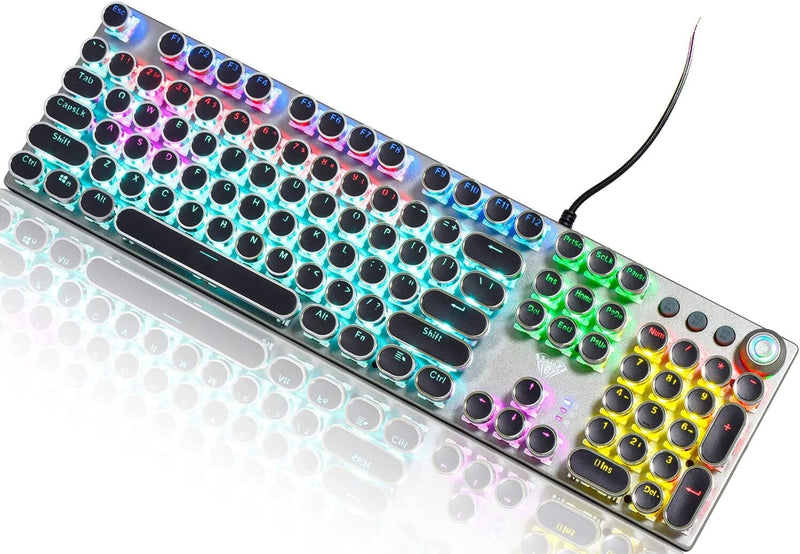 لوحة مفاتيح ميكانيكية للألعاب ZDawnn Typewriter Style Mechanical Gaming Keyboard.LED Rainbow Backlit,104 Keys,Retro Punk Round Keycaps with Brown Switch,Wired with USB-A,for PC/Mac/Laptop black