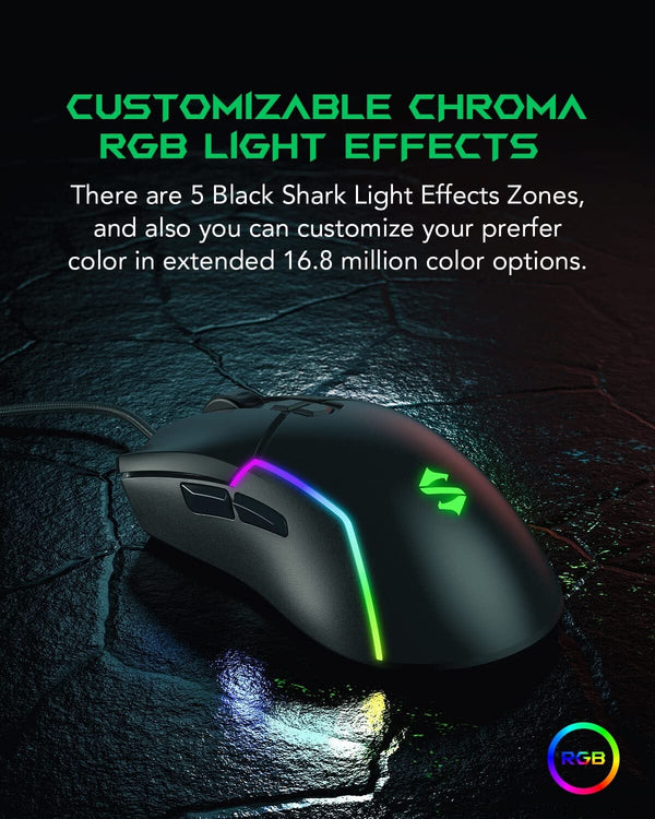 ماوس العاب سلكي بلاك شارك Black Shark Gaming Mouse Wired, USB Computer Ergonomic Mouse with 7 Adjustable DPI Up to 10,000, 7 Programmable Buttons, 5 Modes RGB Backlight, Optical Gamer Mice for Windows PC Laptop Mac