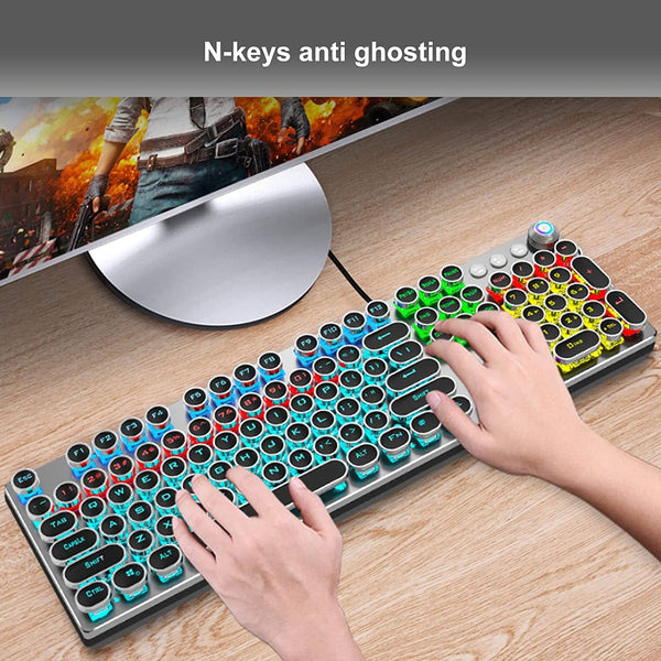 لوحة مفاتيح ميكانيكية للألعاب ZDawnn Typewriter Style Mechanical Gaming Keyboard.LED Rainbow Backlit,104 Keys,Retro Punk Round Keycaps with Brown Switch,Wired with USB-A,for PC/Mac/Laptop black