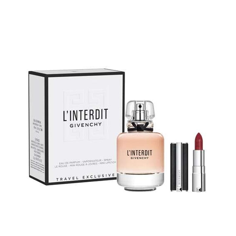 سيت عطر نسائي مع احمر شفاه جيفنشي Givenchy L'interdit Eau De Parfum 80ML,1.5g Lipstick Gift Set