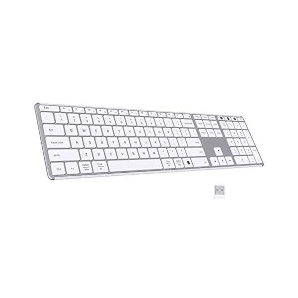 لوحة مفاتيح بلوتوث لاسلكية White Wireless Full Size Keyboard: Bluetooth Multi-Device USB Cordless Slim Quiet QWERTY Keyboard with Number Pad, Rechargeable Noiseless Silent Universal Flat Keyboard for Mac iMac MacOS PC Computer