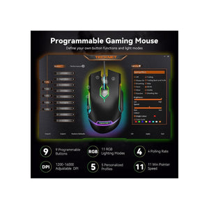 ماوس ألعاب سلكي  TECKNET RGB Wired Gaming Mouse with 11 Backlit Modes, 8-Level 16,000 DPI Adjustable, PC Gaming Mice with 9 Programmable Buttons, Ergonomic LED Backlit Computer USB Mouse for Laptop/PC/Windows/Gamer