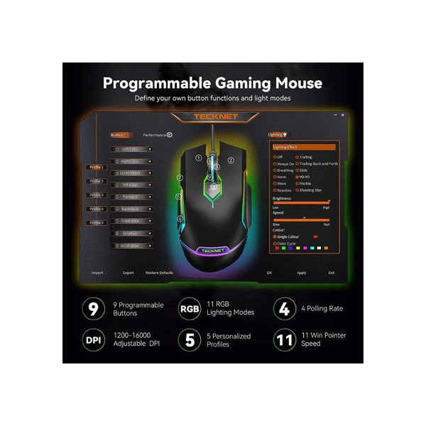 ماوس ألعاب سلكي  TECKNET RGB Wired Gaming Mouse with 11 Backlit Modes, 8-Level 16,000 DPI Adjustable, PC Gaming Mice with 9 Programmable Buttons, Ergonomic LED Backlit Computer USB Mouse for Laptop/PC/Windows/Gamer
